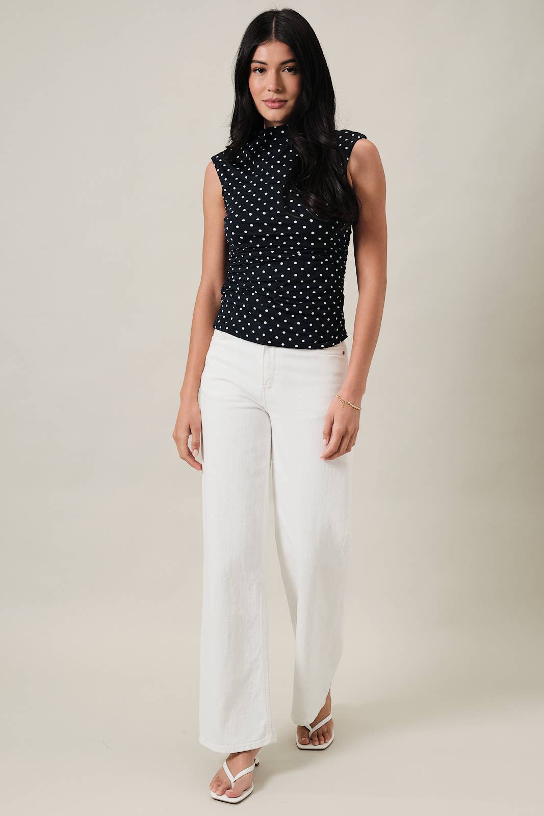 Kennedy High Neck Extended Shoulder Side Ruched Polka Dot Top: Navy-Ivory Dot