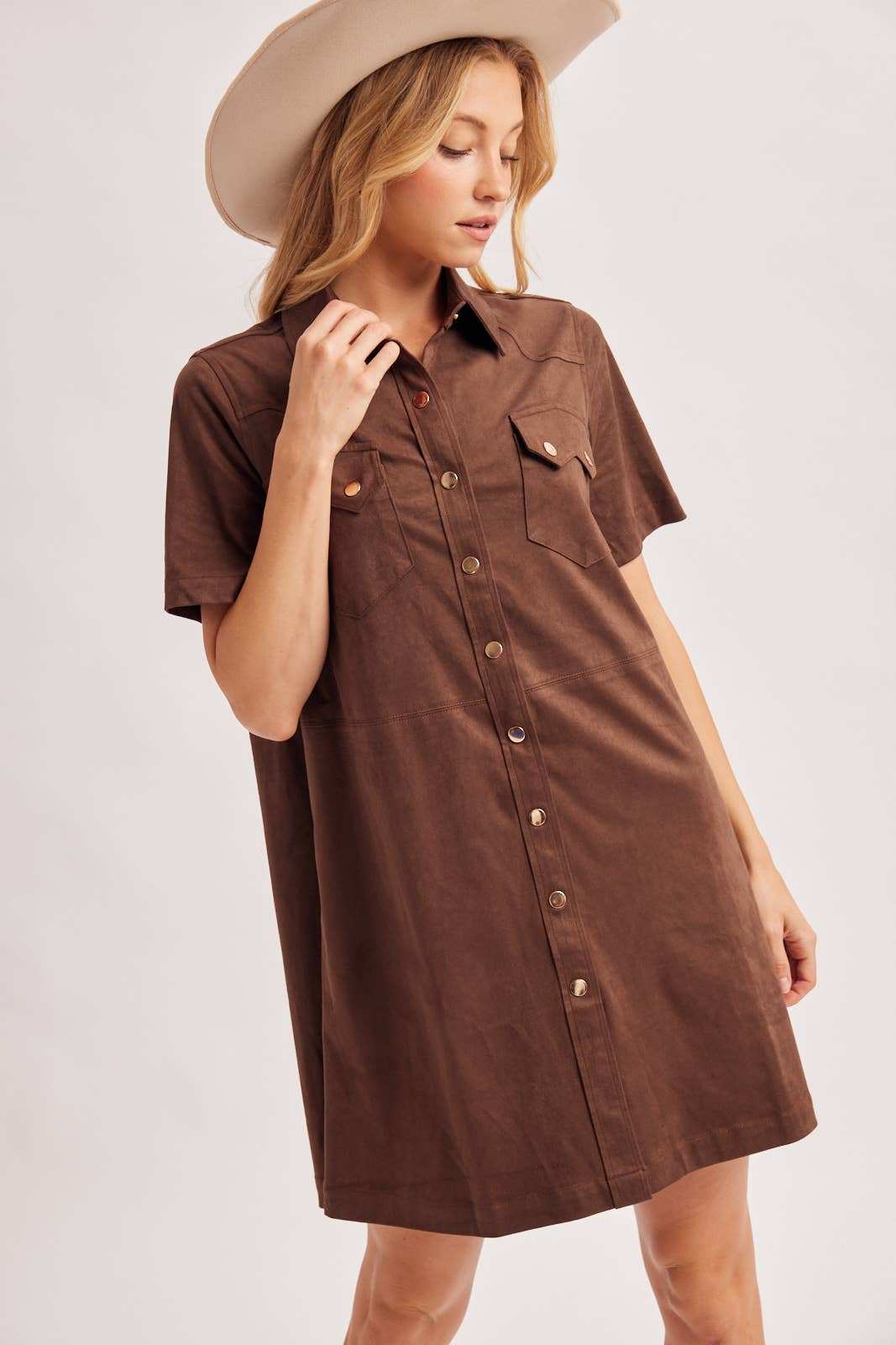 Cheyenne Collared Short Sleeve Faux Suede Mini Shirt Dress: Chocolate