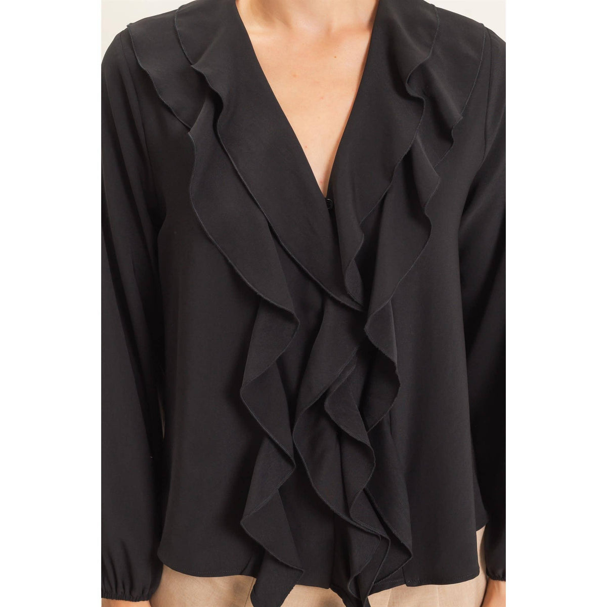 Ruffled V-Neck Button-Up Blouse: TEAL / S-M-L(2-2-2)