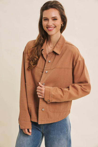 One of a Kind Washed Cotton Twill Utility Jacket: Camel
