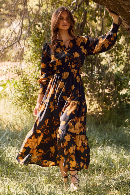 Rusty Rose Floral Printed Tiered Maxi Dress: Black Multi