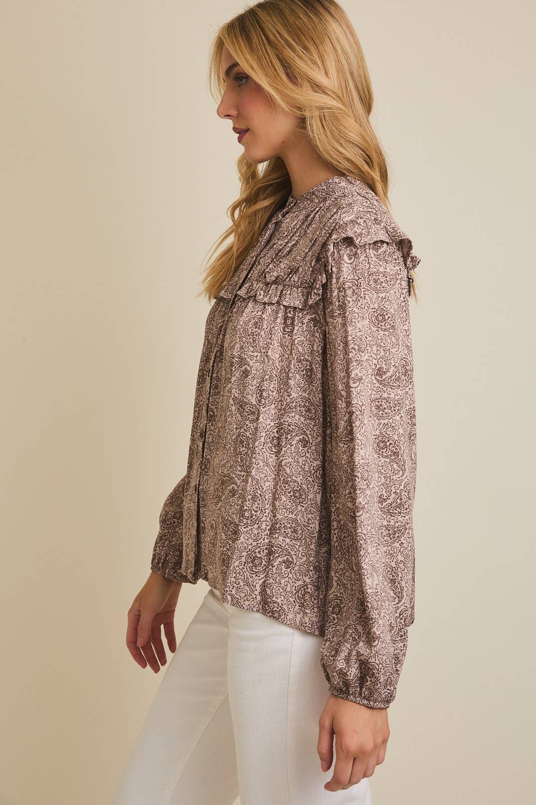 Miren Ruffle Detail Long Sleeve Button Up Shirt: Mocha-Brown Paisley