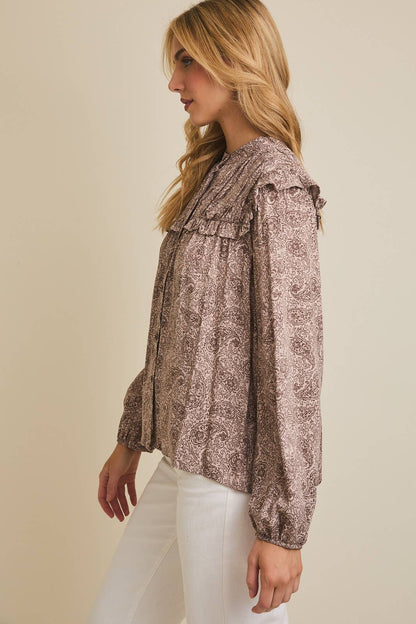 Miren Ruffle Detail Long Sleeve Button Up Shirt: Mocha-Brown Paisley
