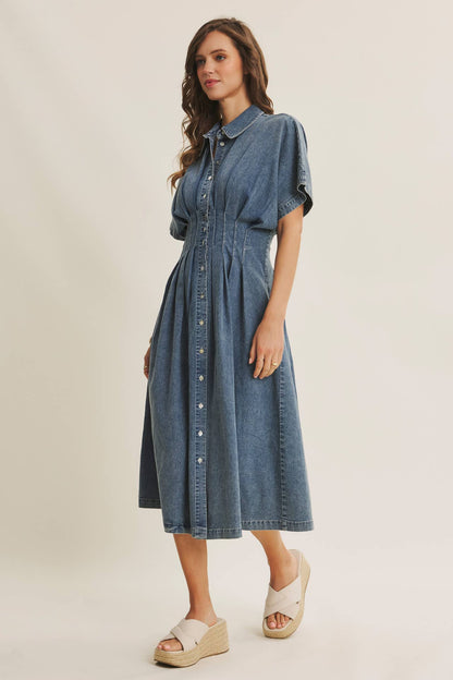 Caroline Stretchy Mineral-Washed Button-Down Pleated Denim Midi Dress: Light Wash