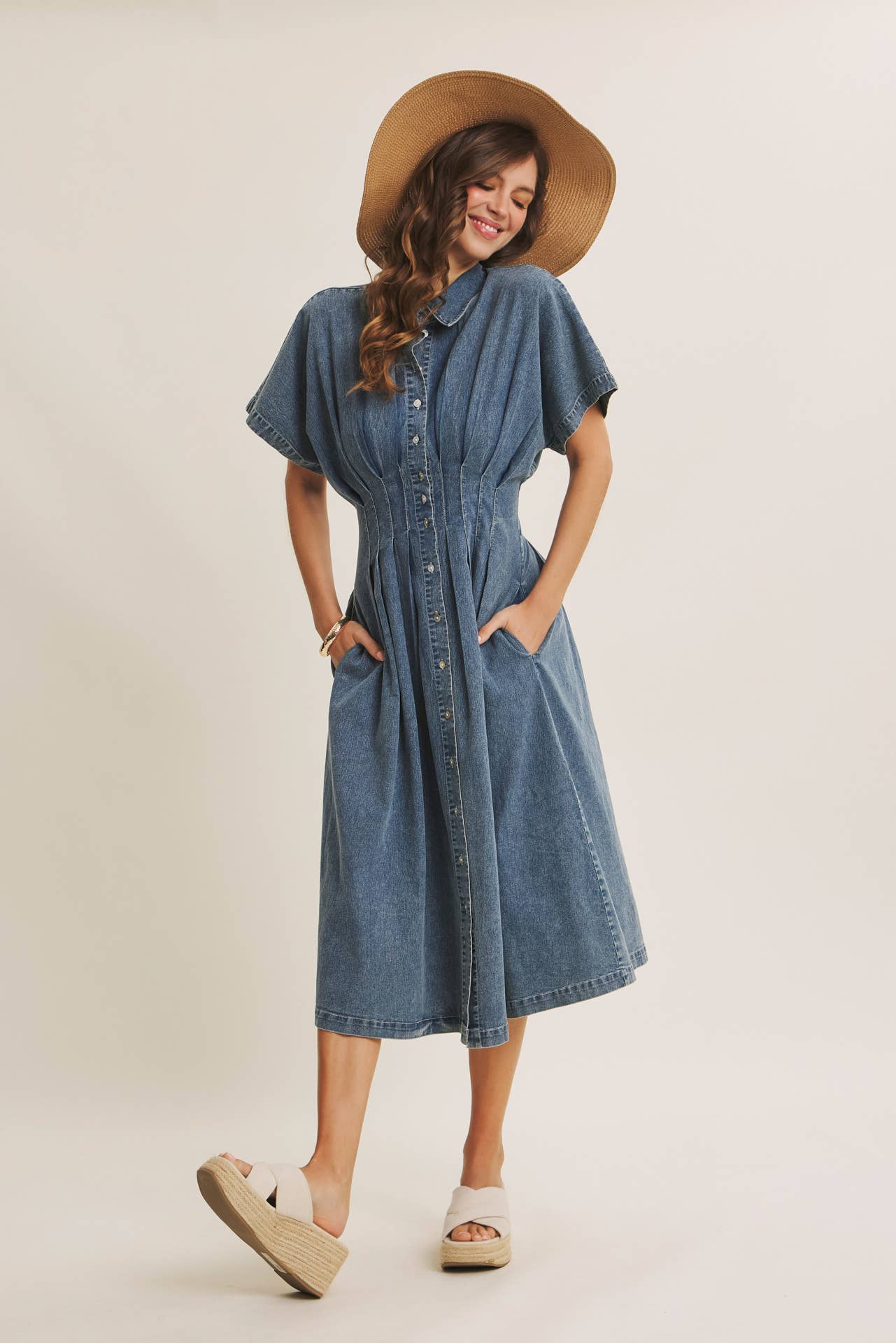 Caroline Stretchy Mineral-Washed Button-Down Pleated Denim Midi Dress: Light Wash
