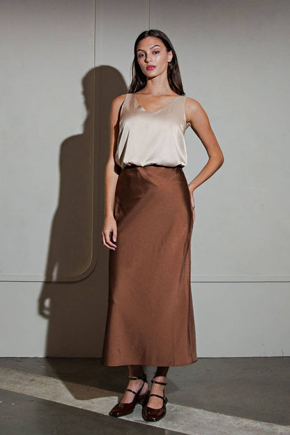 Cafe Stretch Satin Midi Skirt: Brown
