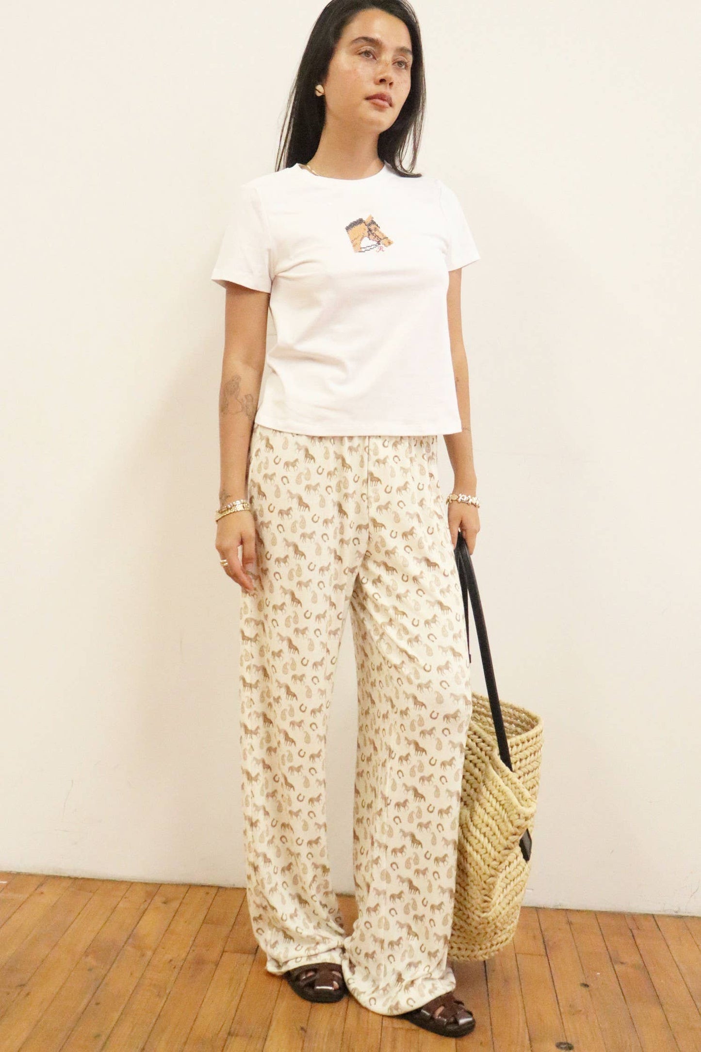 Horse Embroidered Baby Tee: Off White / M