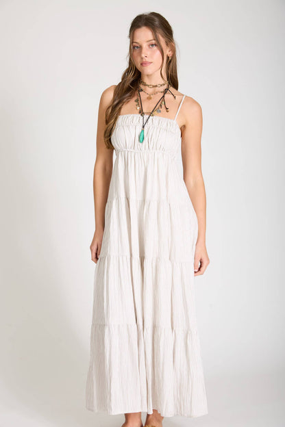 June Stripe Shirred Empire Waist Midi Dress: Mocha