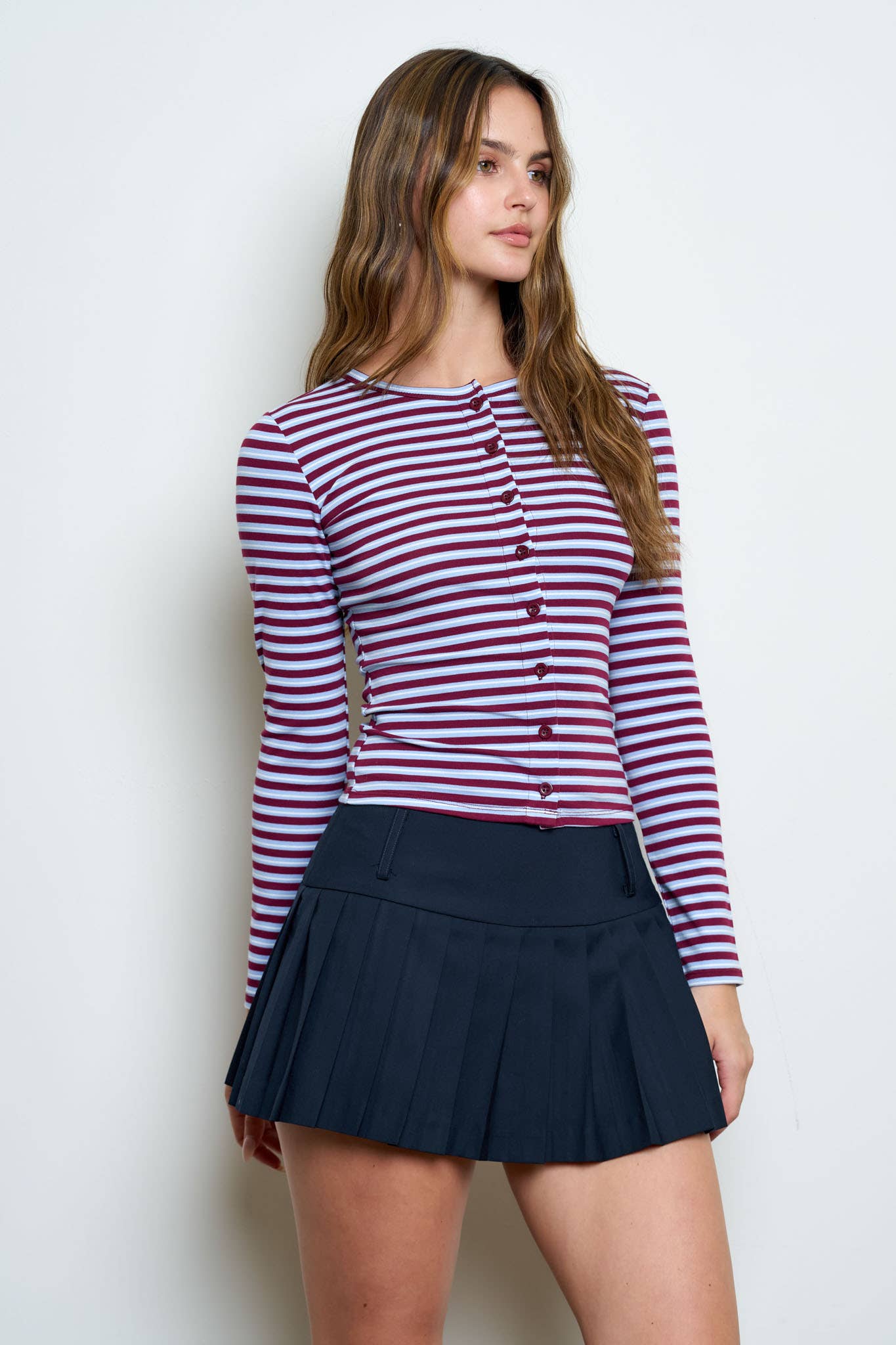 BUTTON DOWN CREW NECK STRIPED LONG SLEEVE KNIT TOP: BURGUNDY MULTI