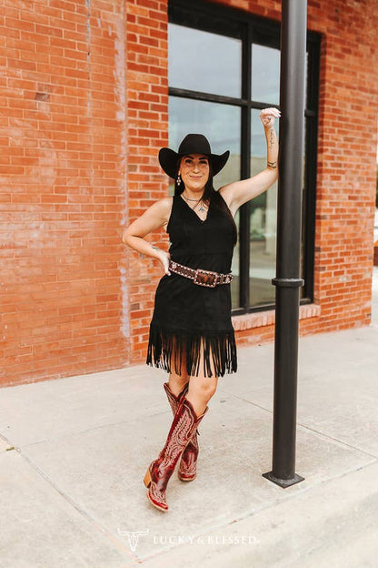 Black Buckstitch Stretch Suede Dress
