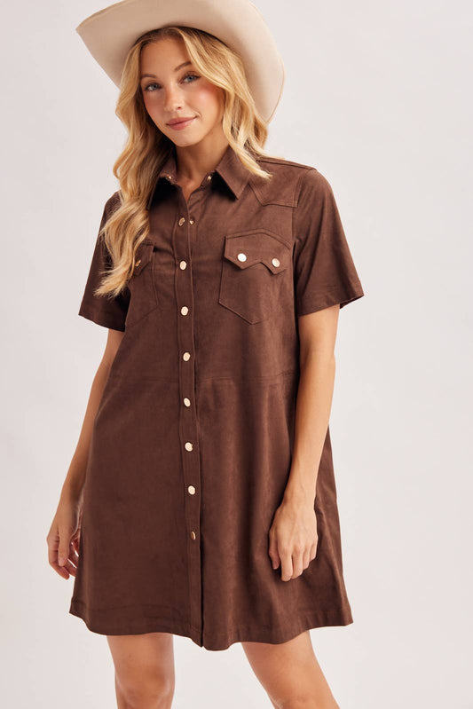 Cheyenne Collared Short Sleeve Faux Suede Mini Shirt Dress: Chocolate