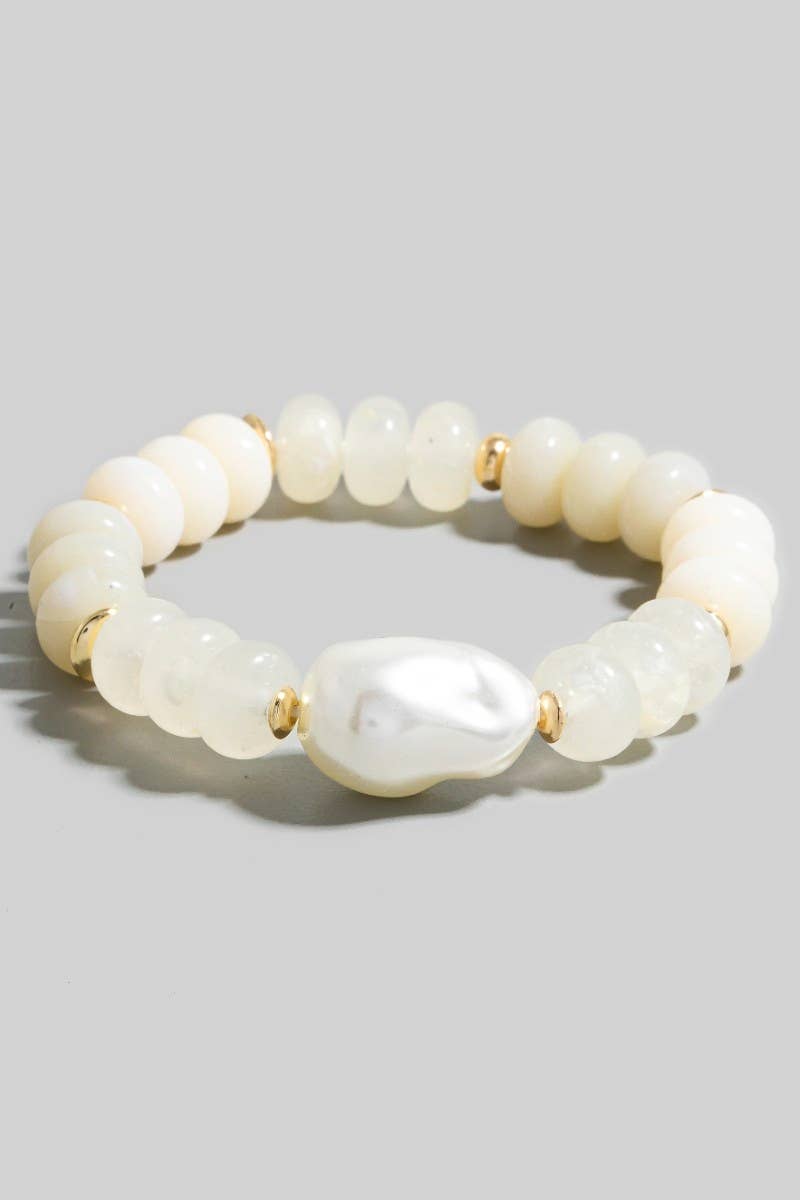 Wide Marble Resin And Metallic Disc Beaded Bracelet: Ivory