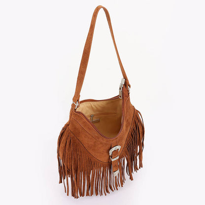 Faux suede Metal Buckle Fringe Bag: BUR