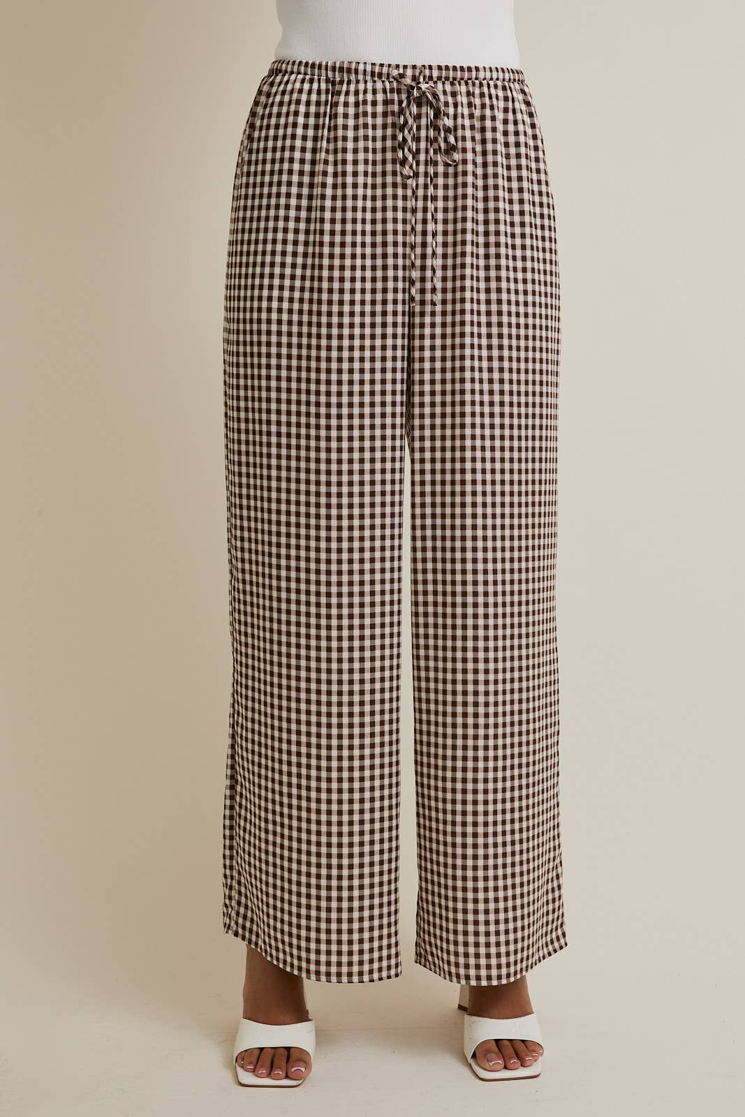 Ella Drawstring Wide Leg Check Pants: Brown-Cream Gingham