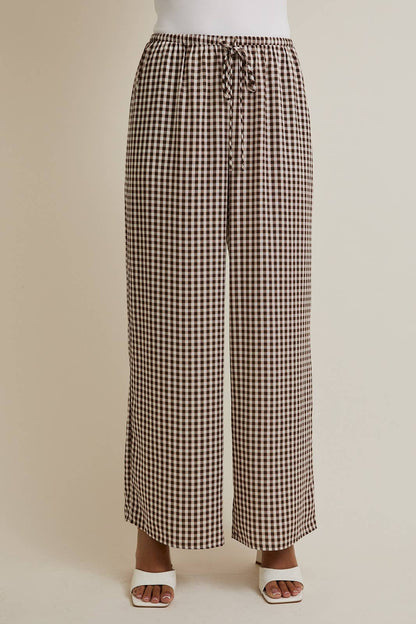 Ella Drawstring Wide Leg Check Pants: Brown-Cream Gingham