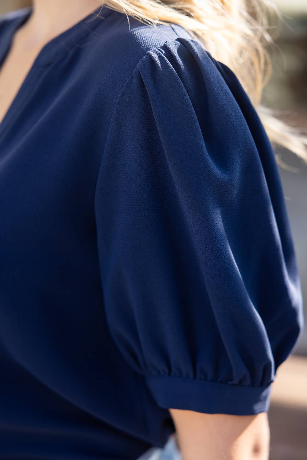 Prescott Button Down Solid Puff Sleeve Top: Navy