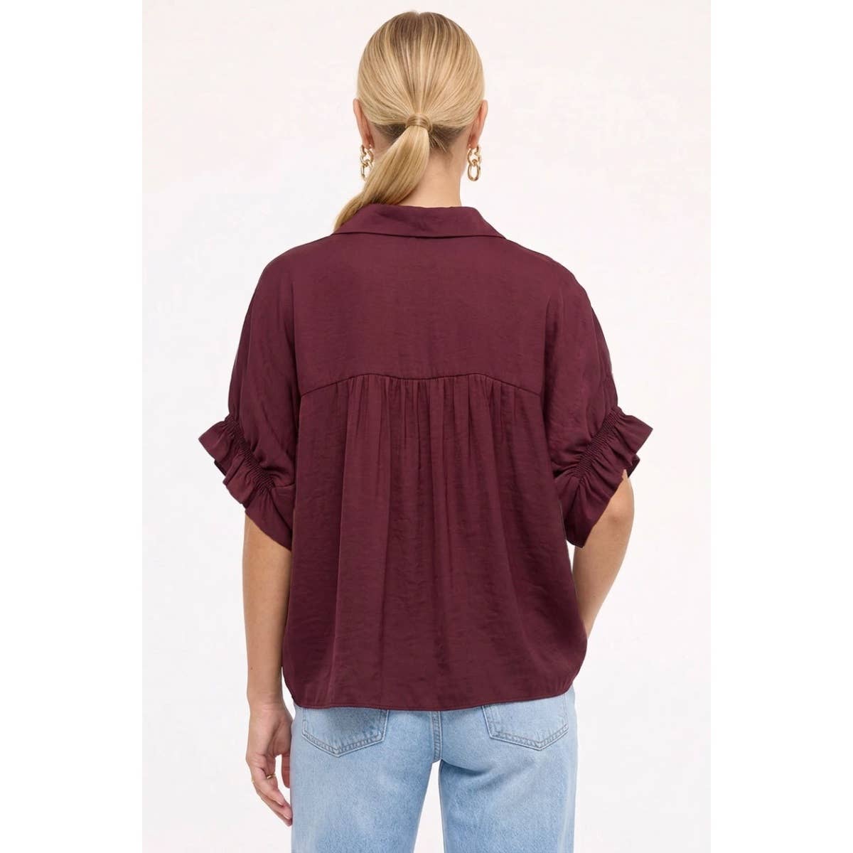 Sloane Ruffle-Sleeve Satin Button-Up Blouse: Wine