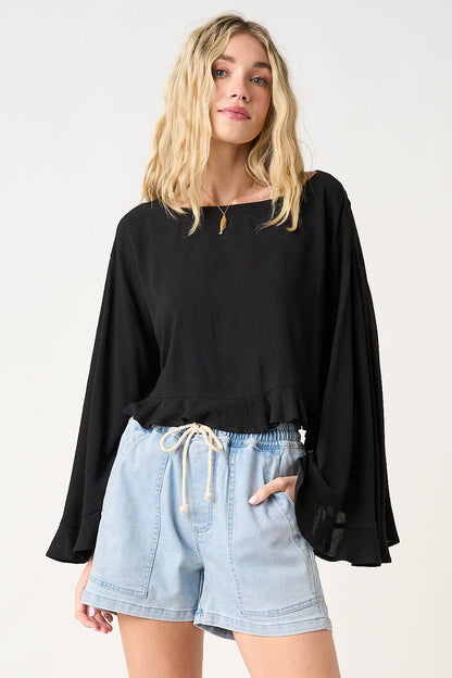 Sundance Flowy Butterfly Sleeve Ruffle Top: Black