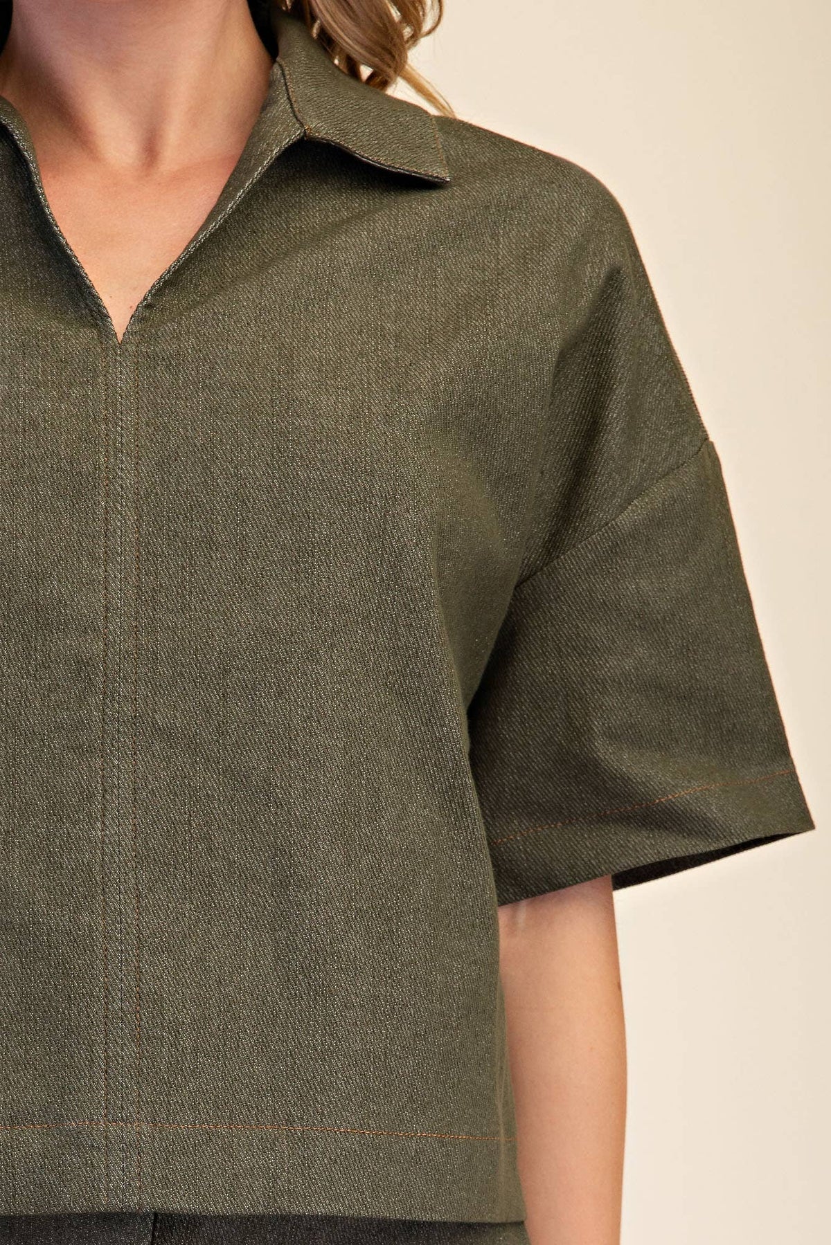 Delia Lace Denim Top: Olive