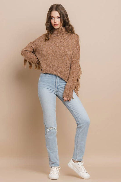 Gilded Knit Fringe Detail Turtle Neckline Sweater: CAMEL