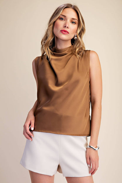 Esme Draped Mock Neck Sleeveless Satin Top: Mocha