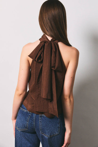Rue Bow Detail Halter Neck Flare Top: Brown