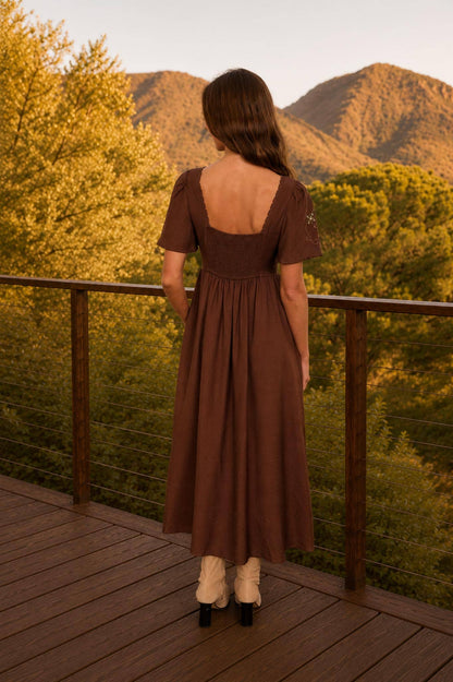 Fable Detail Bell Sleeve Midi Dress: Chocolate Brown