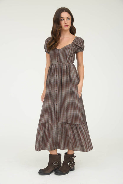 Pecan Plaid Puff Sleeve Button Down Maxi Dress