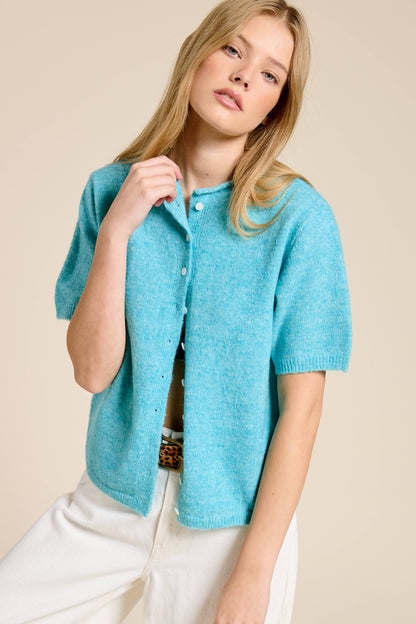 Short Sleeve Button Down Cardigan Top: Tangerine / S