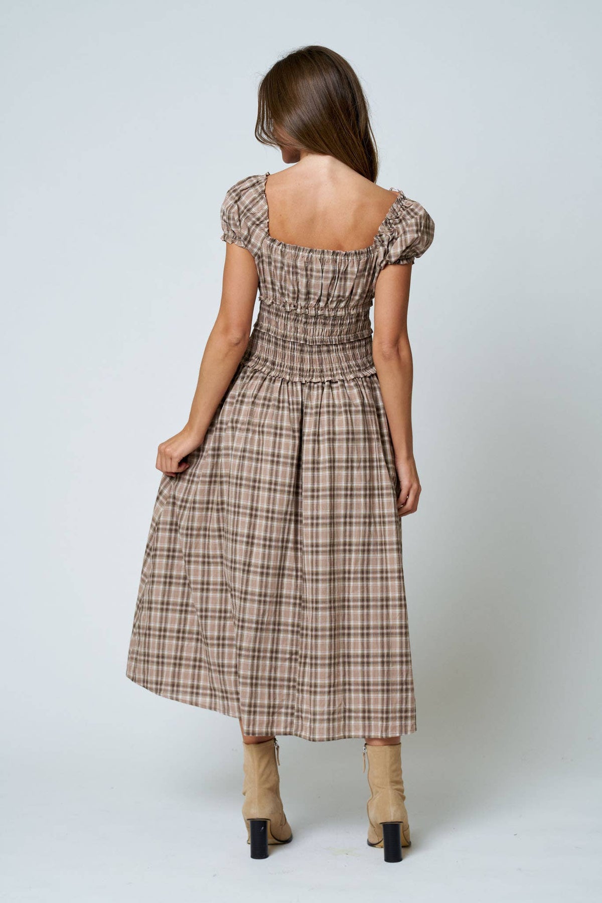 Maisie Plaid Puff Sleeve Smocked Waist A-Line Midi Dress: Khaki