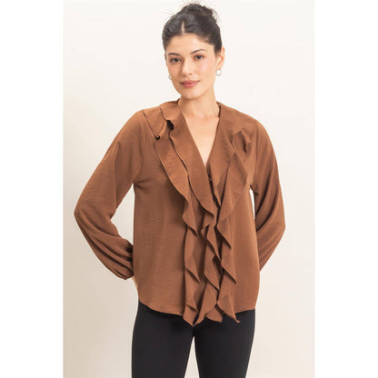 Ruffled V-Neck Button-Up Blouse: TEAL / S-M-L(2-2-2)