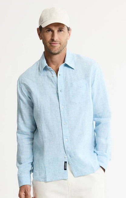 Lance 100% Linen Button-Down Shirt: BLUE SOLID