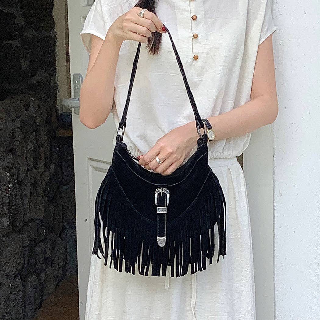 Faux suede Metal Buckle Fringe Bag: BUR