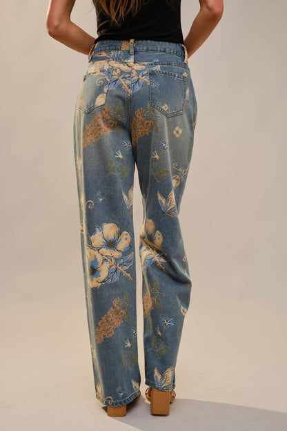 Wildflower Floral Print Wide Leg Jeans: DENIM MULTI