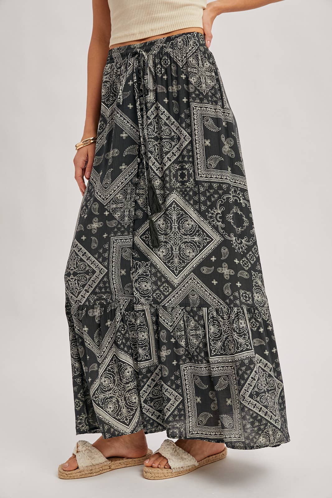 BOHO PRINT TIERED BUTTON DOWN FRONT MAXI SKIRT: ASH