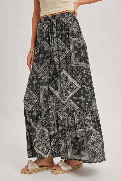 BOHO PRINT TIERED BUTTON DOWN FRONT MAXI SKIRT: ASH