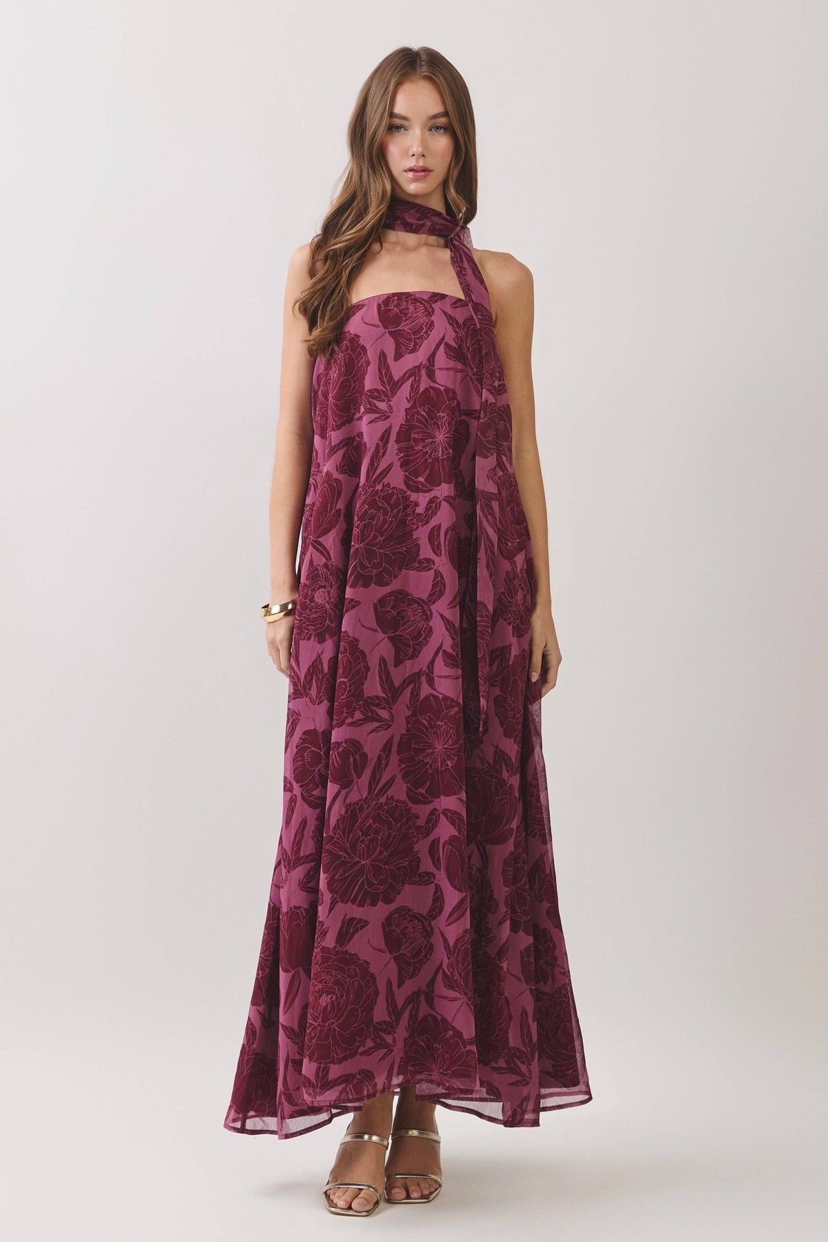 Serena Strapless Floral Scarf Maxi Dress: Burgundy