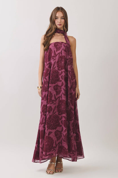 Serena Strapless Floral Scarf Maxi Dress: Burgundy