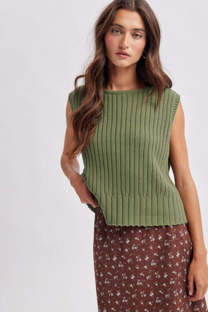Laurel Sleeveless Crew Neck Ribbed Sweater Vest: Dusty Olive