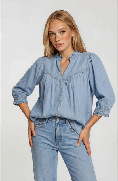 Dixie V-Neck Denim Top: Light Denim