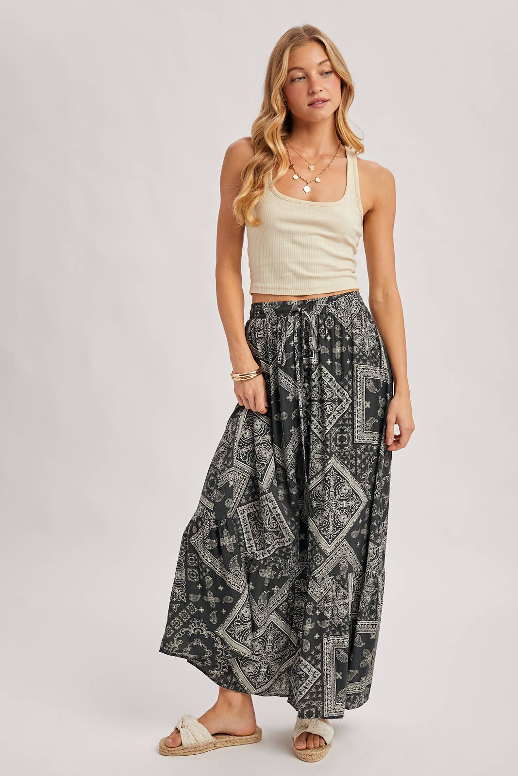 BOHO PRINT TIERED BUTTON DOWN FRONT MAXI SKIRT: ASH