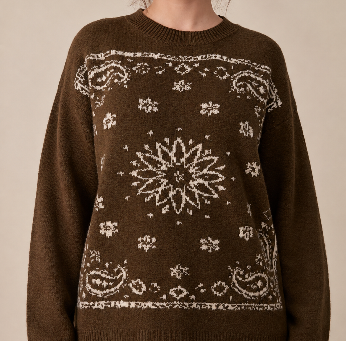 Cassidy Bandana Jacquard Crewneck Relaxed Sweater: Brown & Ivory