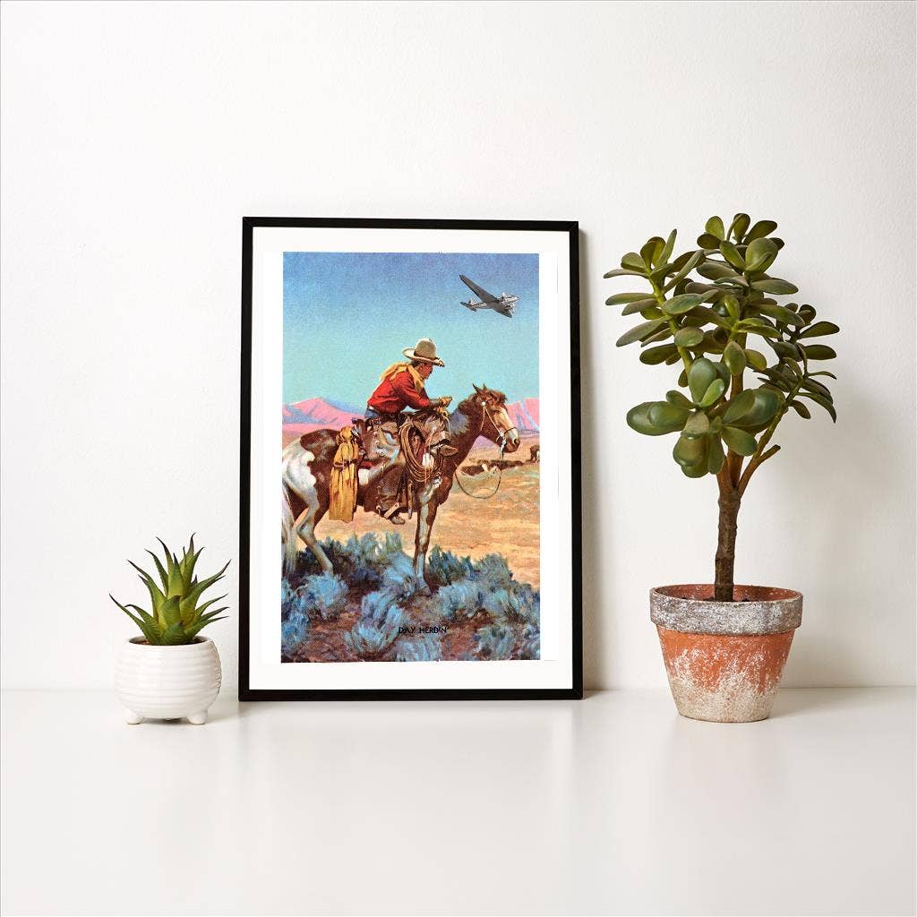 Art Print CB-183 Cowboy on Horse Watching Plane