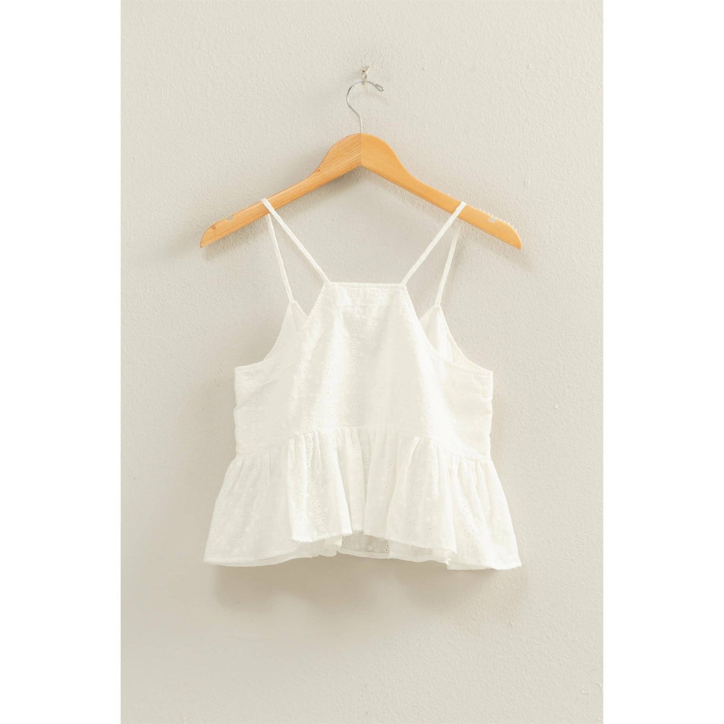 Eyelet Button Detail Peplum Top: WHITE