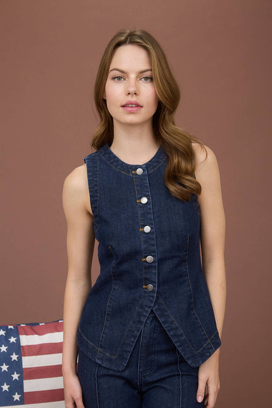 Sloane Round Neck Button Down Sleeveless Denim Vest