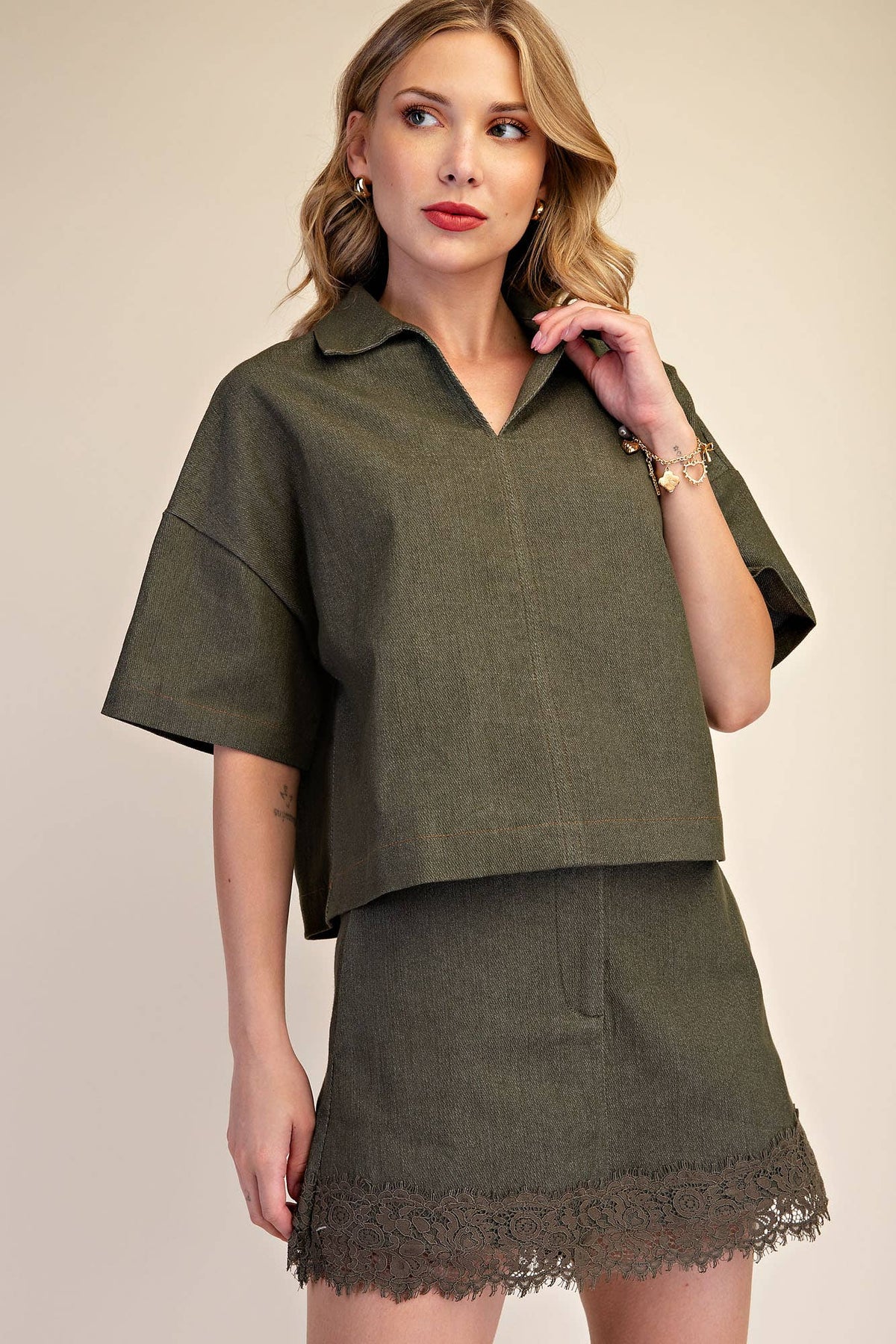 Delia Lace Denim Top: Olive