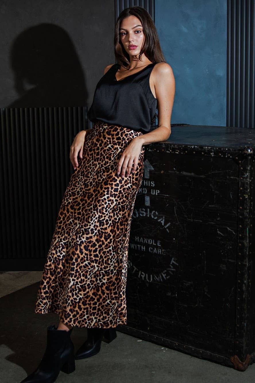 Langley Leopard Print Stretch Satin Midi Skirt