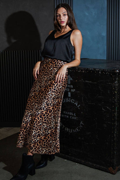 Langley Leopard Print Stretch Satin Midi Skirt