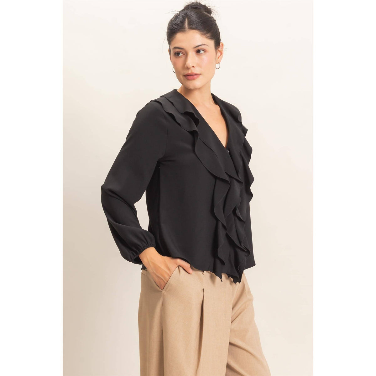 Ruffled V-Neck Button-Up Blouse: TEAL / S-M-L(2-2-2)