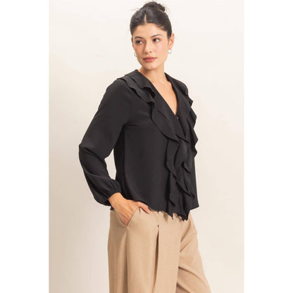 Ruffled V-Neck Button-Up Blouse: TEAL / S-M-L(2-2-2)